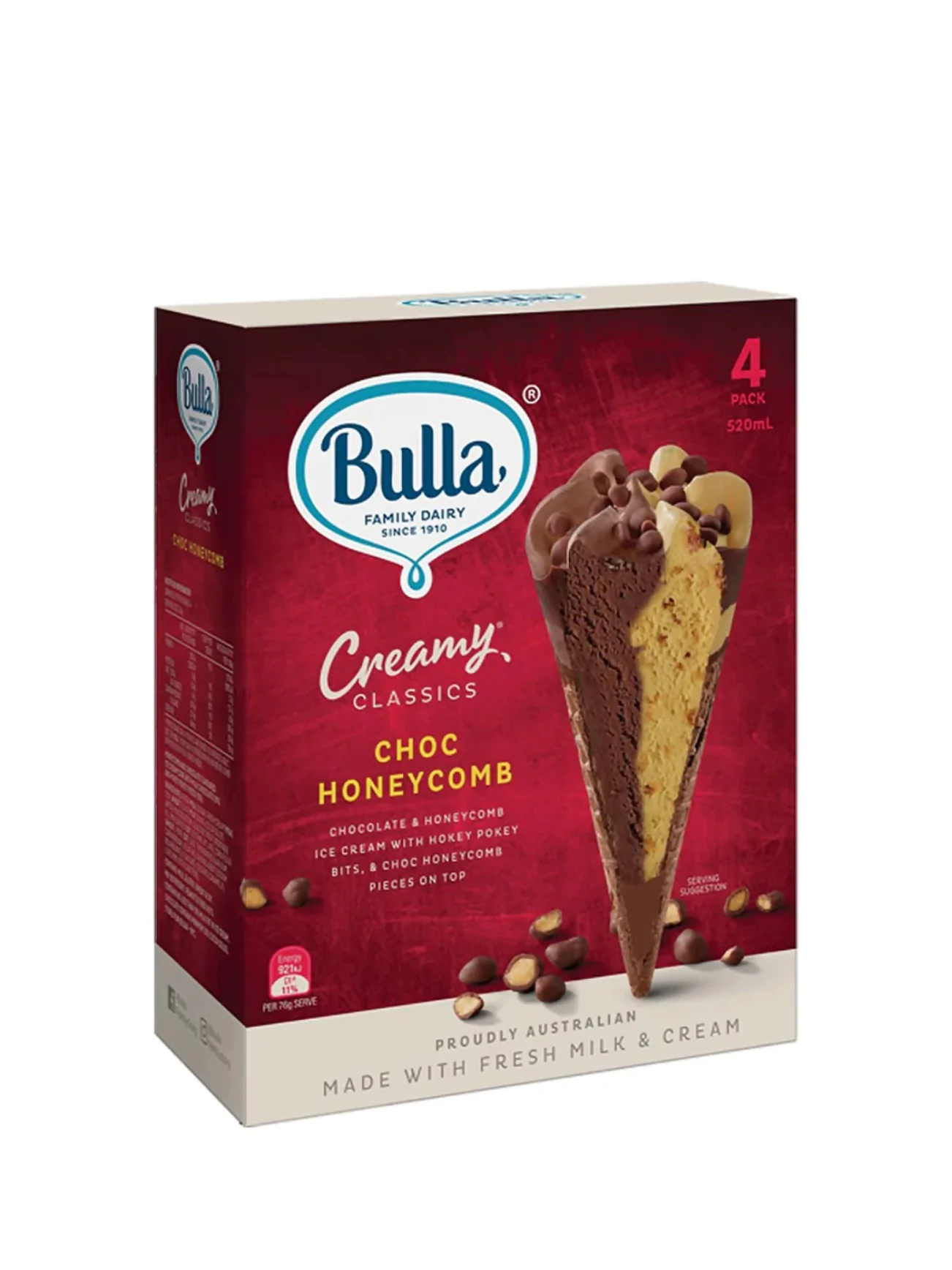 BULLA CREAMY CLASSIC CHOC HONEYCMB CONES 4PK 520ML