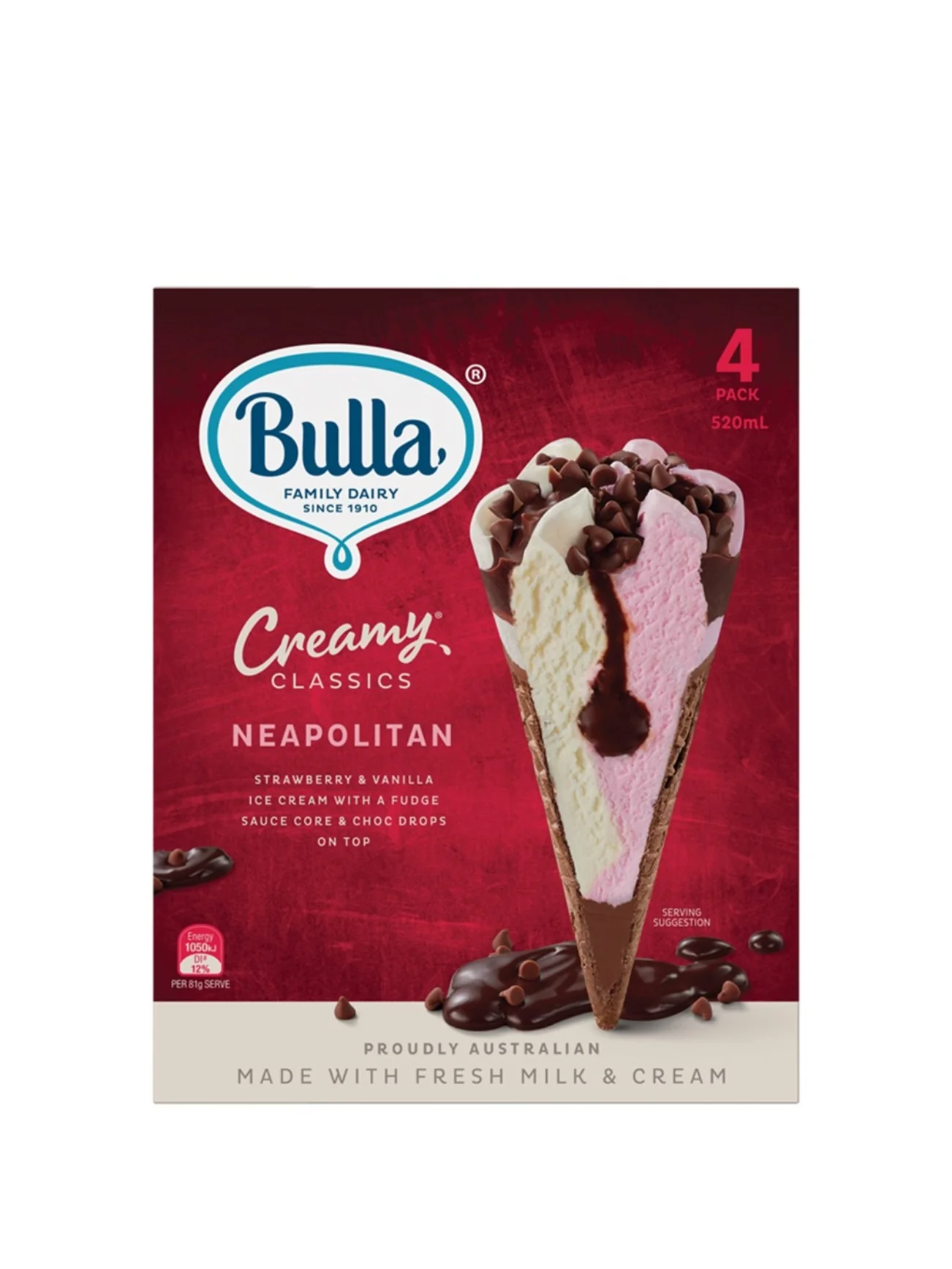 BULLA CREAMY CLASSICS NEAPOLITAN CONES 4PK 520ML