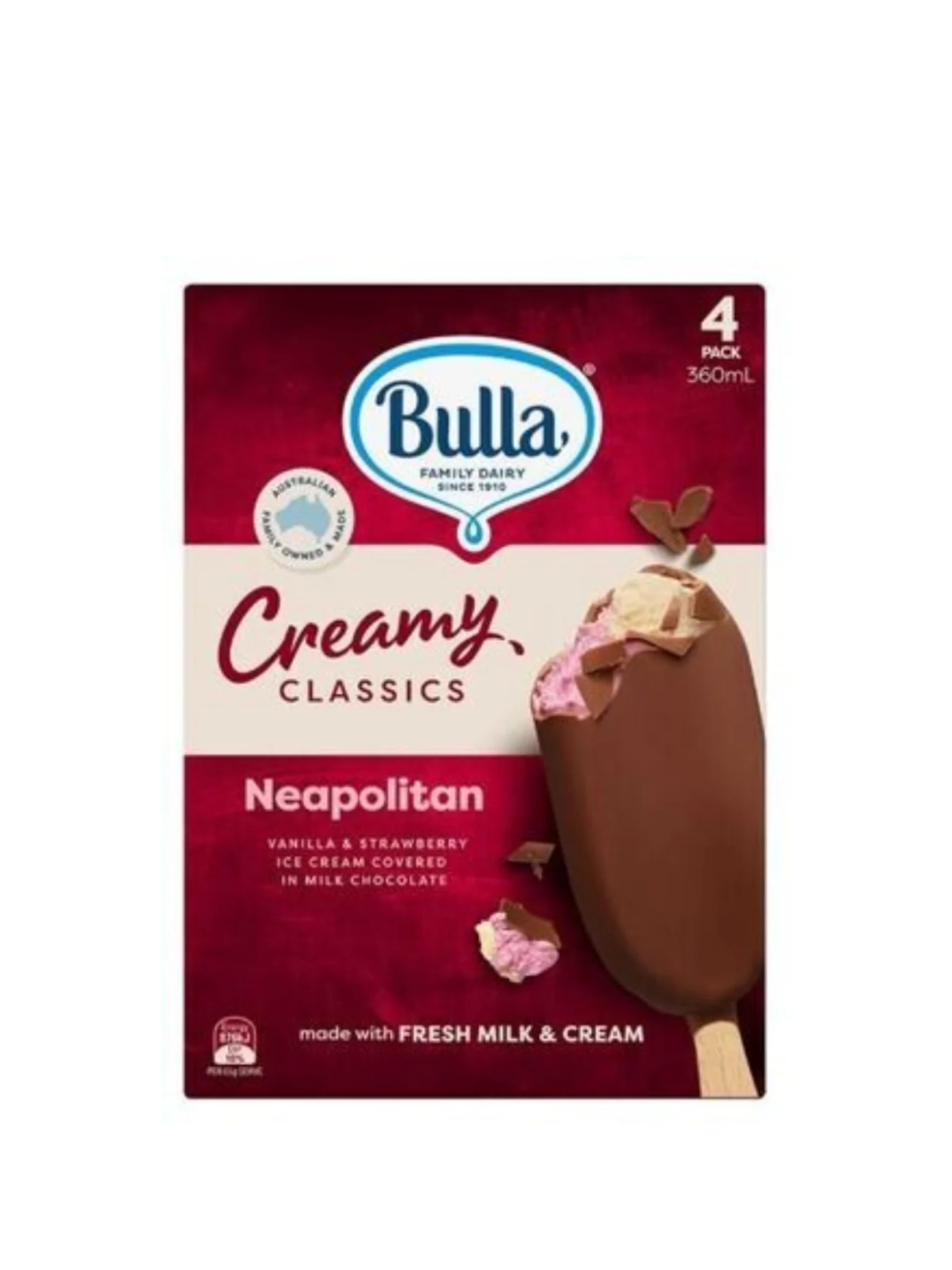 BULLA CREAMY CLASSICS STICK NEAPOLITAN 4PK 360G