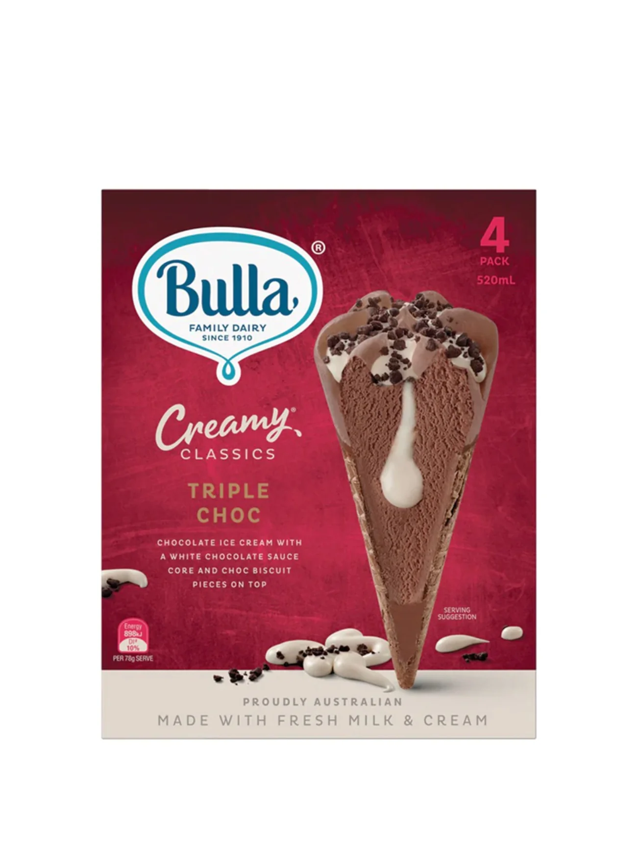 BULLA CREAMY CLASSICS TRIPLE CHOC CONES 4PK 520ML