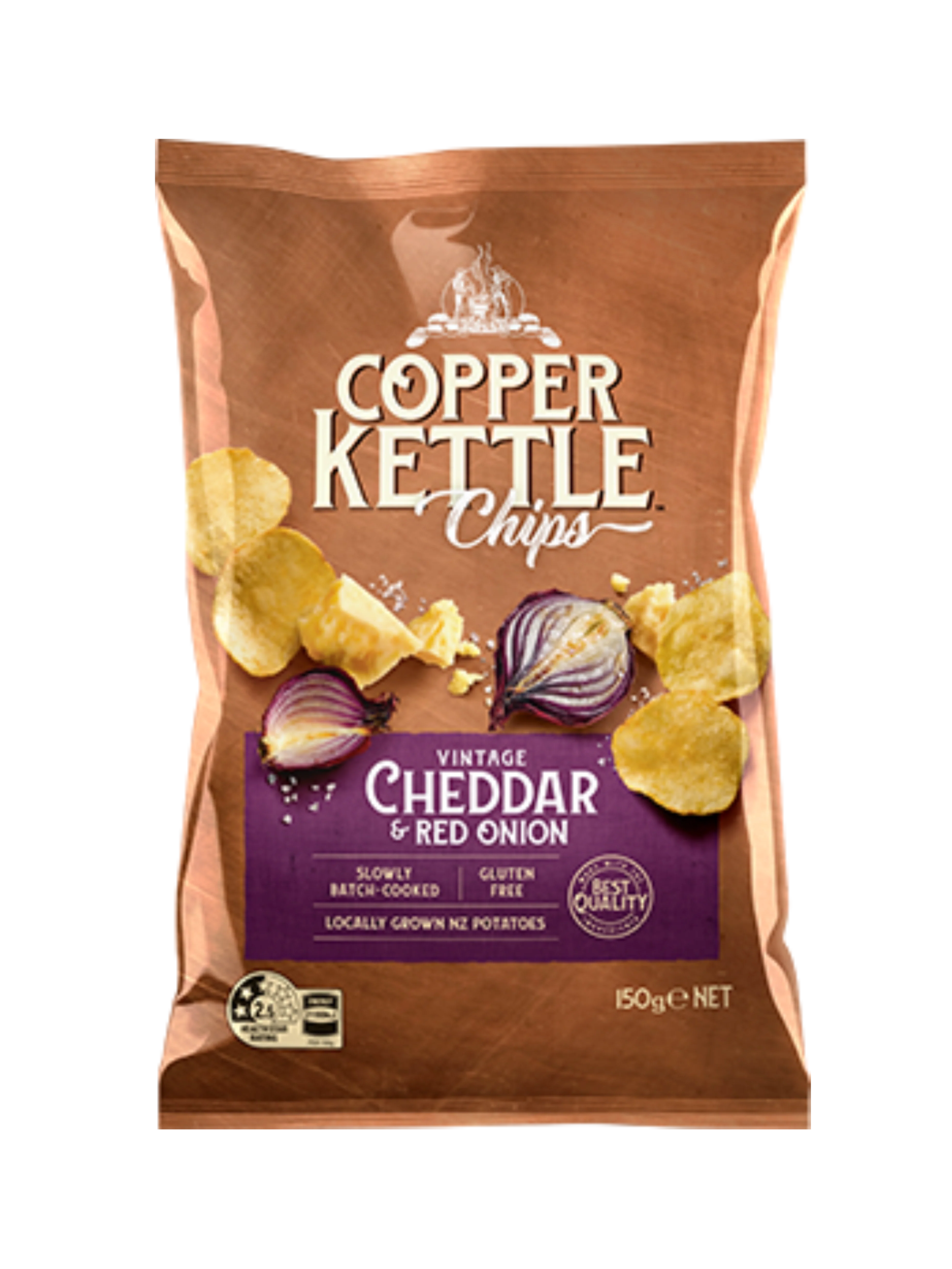 COPPER KETTLE CHIPS VINTAGE CHED & RED ONION 150G