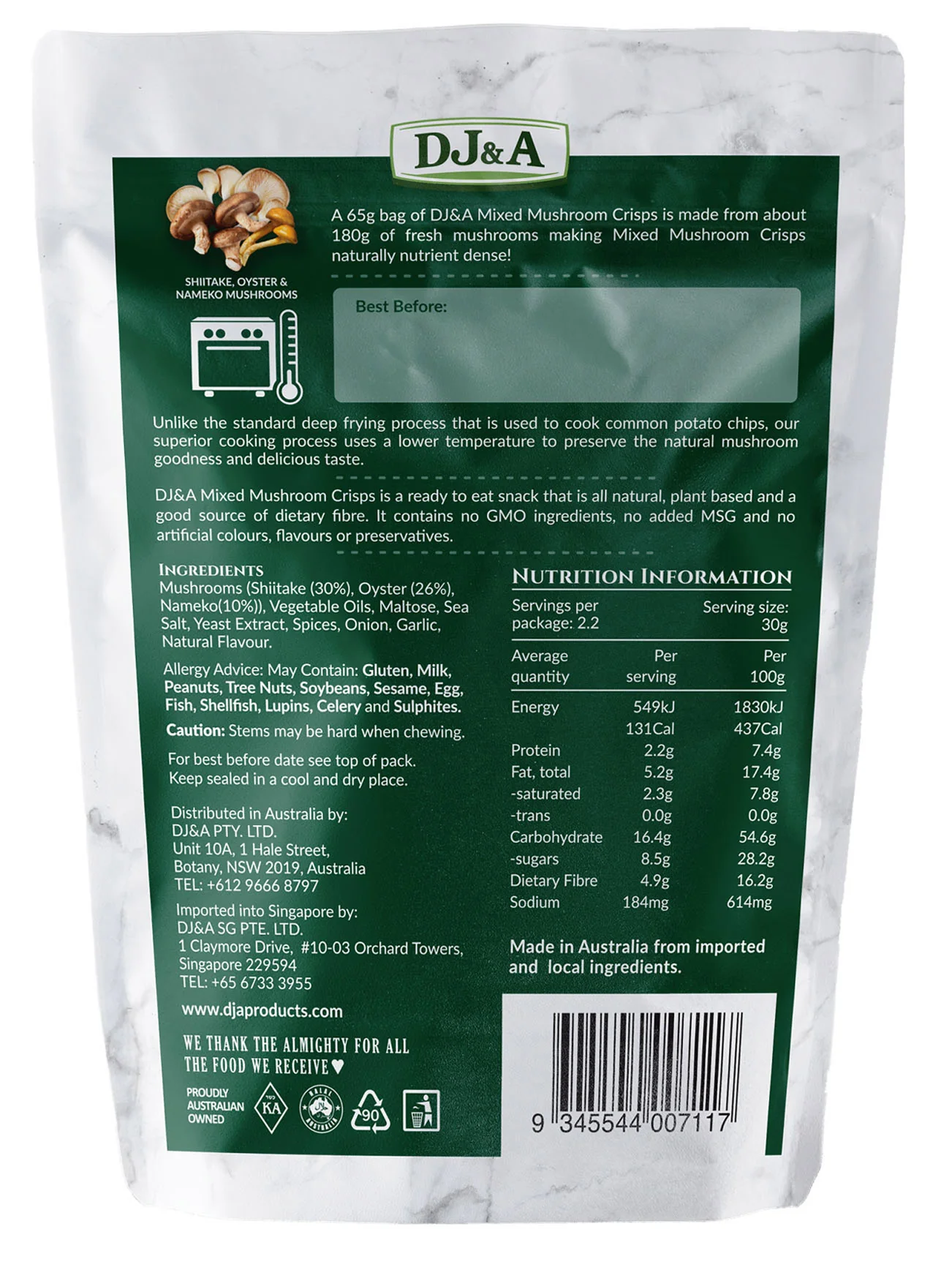 DJ&A SHIITAKE,NAMEKO & OYSTER MUSHROOM CRISPS 65G - Image 2