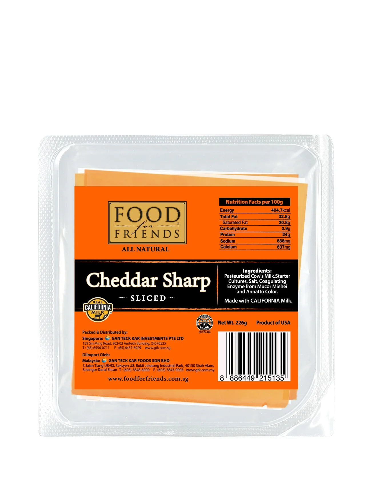 FOOD FOR FRIENDS CHEDDAR SHARP SINGLE 160G