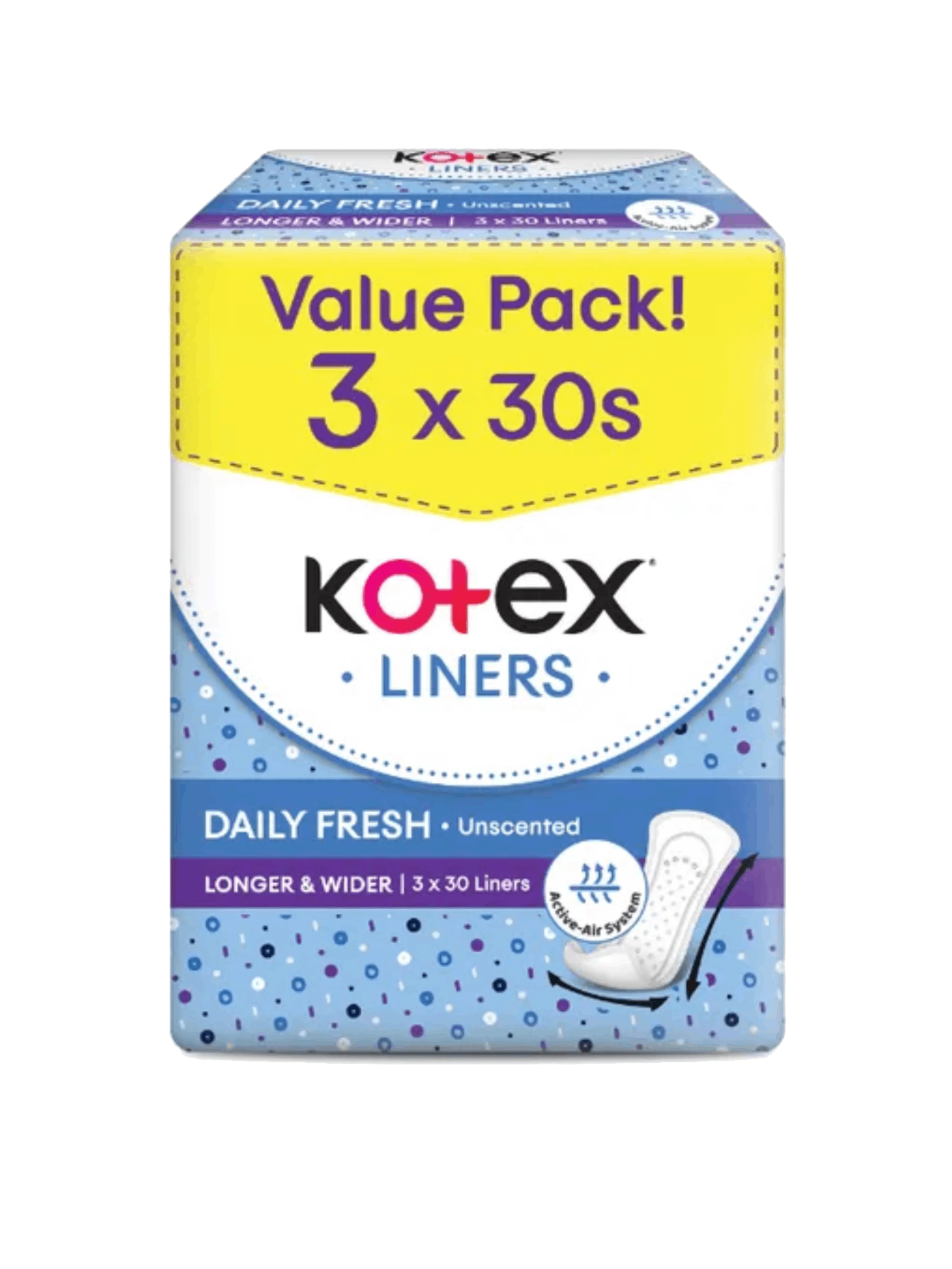 KOTEX DAILY FRESH LINER-UNSCENTED L&W 3X30S