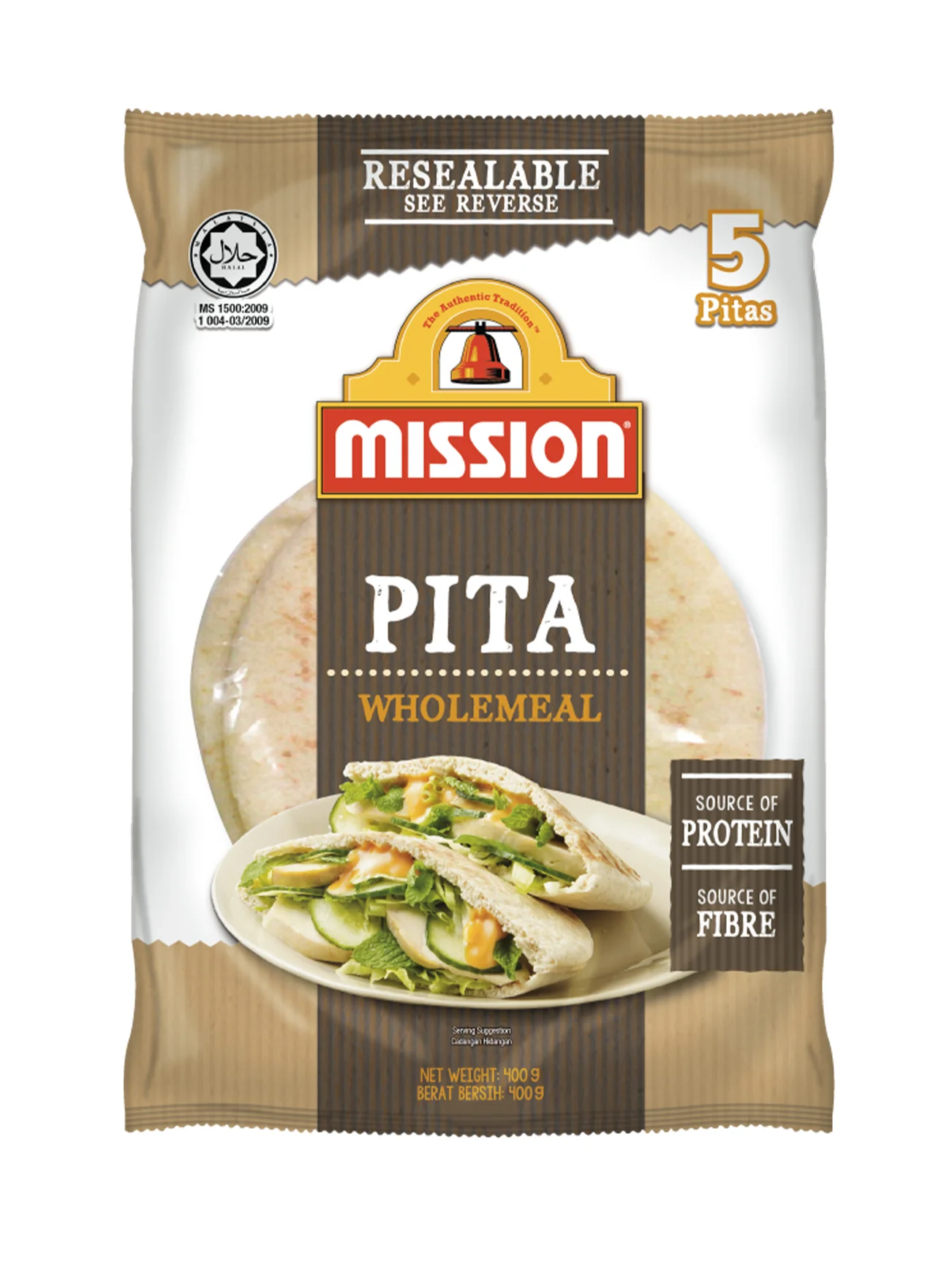 MISSION PITA WHOLEMEAL 5'S 400G