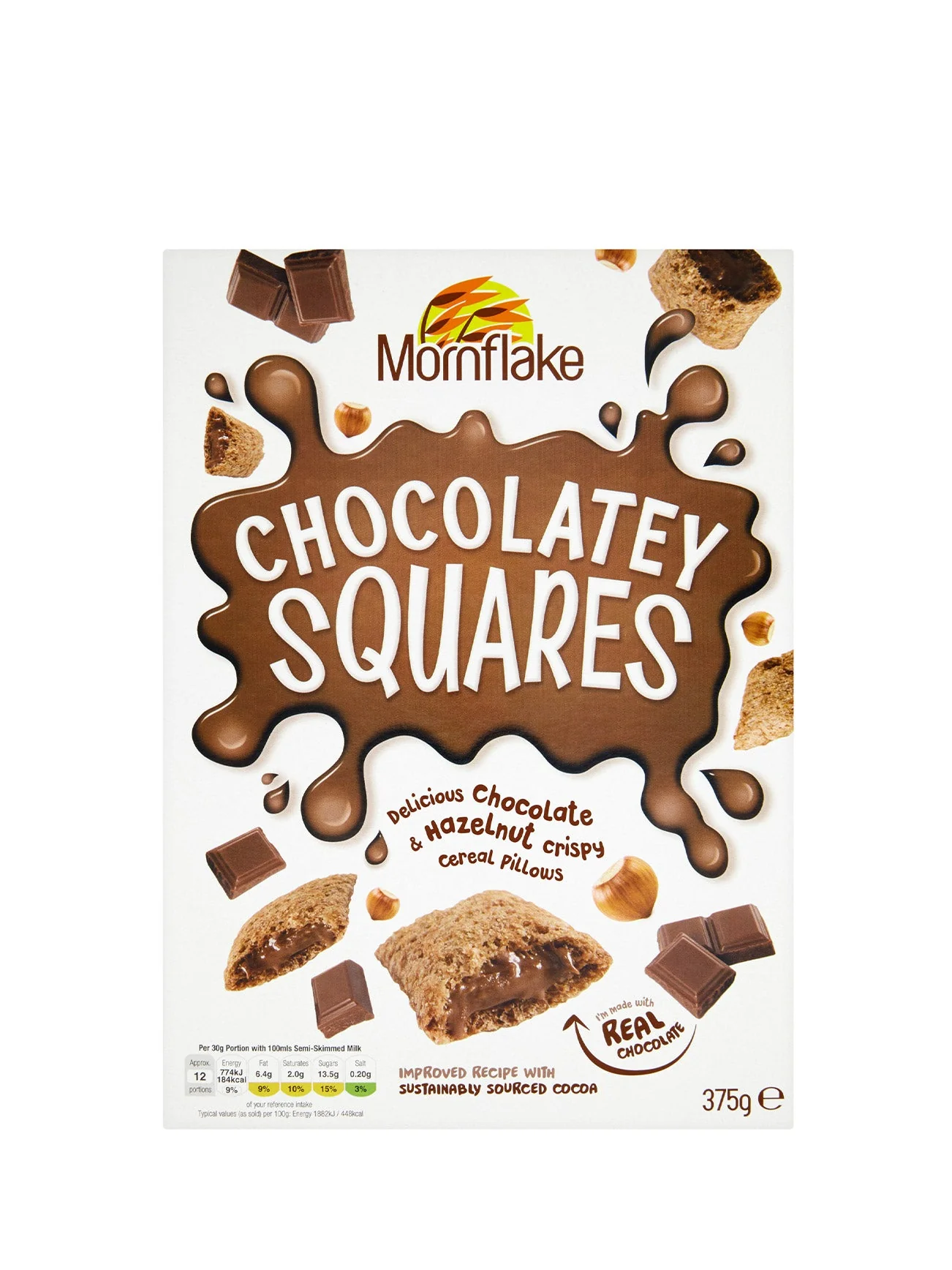 MORNFLAKE CHOCOLATEY SQUARES CEREAL PILLOWS 375G