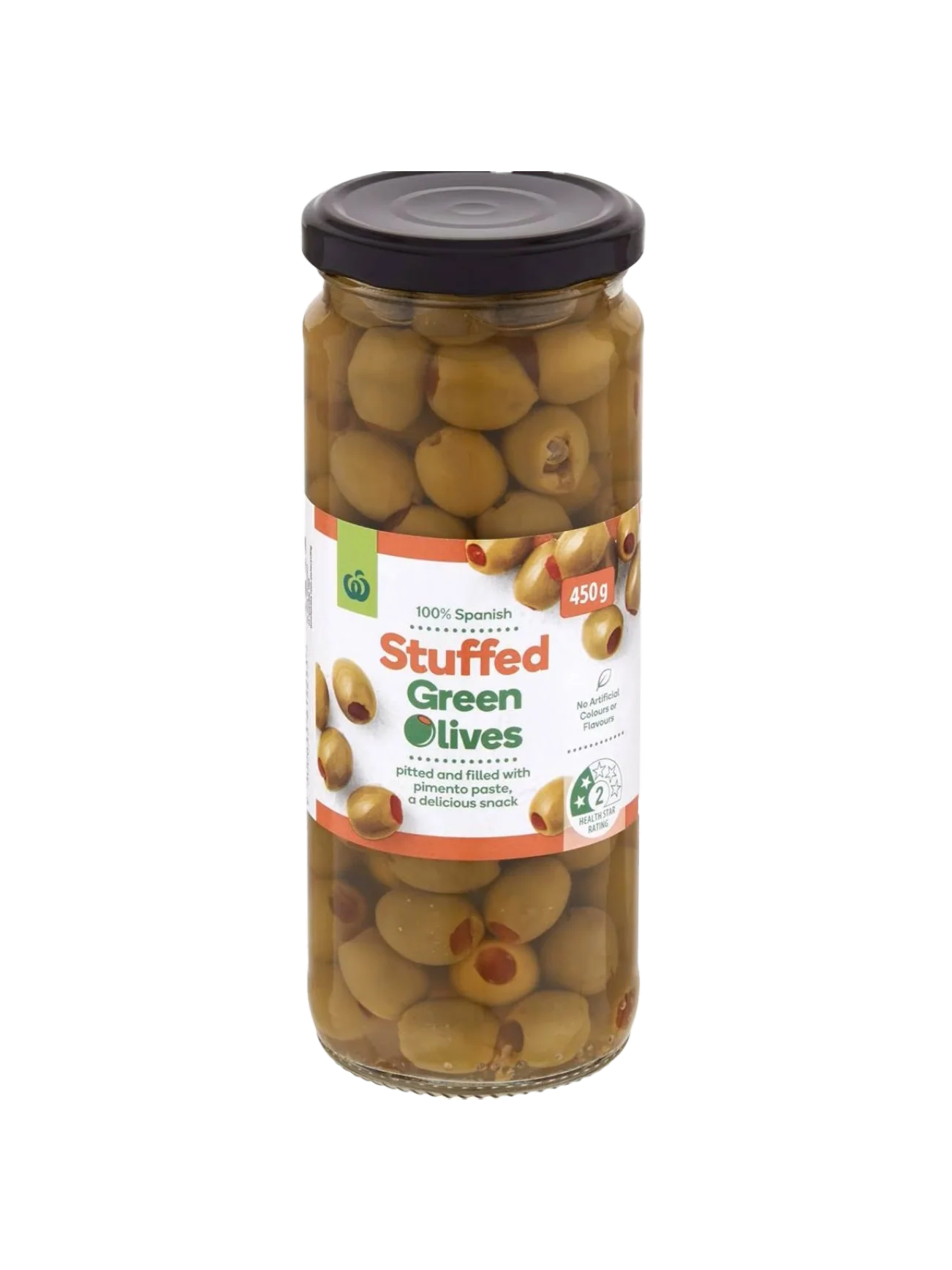 WOOLWORTHS GREEN STUFFED OLIVES 450G